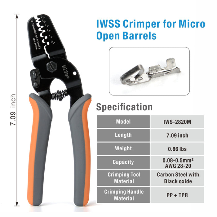 IWS-2412M Open Barrel Crimping Tools Works on AWG24-12 JAM, Molex, Tyco, JST Terminals