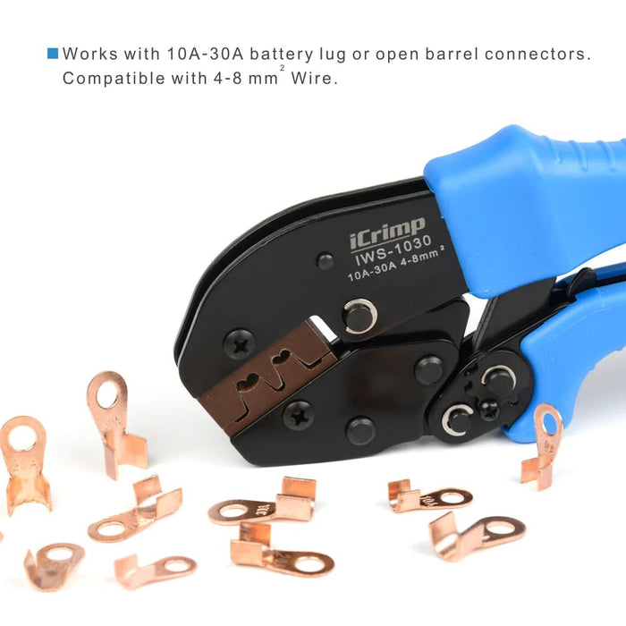 Works with 10A-30A battery lug or open barrel connectors