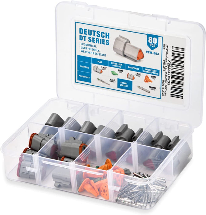 Deutsch DT Connector Kit, Size 16 Solid Contacts 20-16 Gauge, 3 Pin Way Automotive Electrical Connectors, 80 Pieces