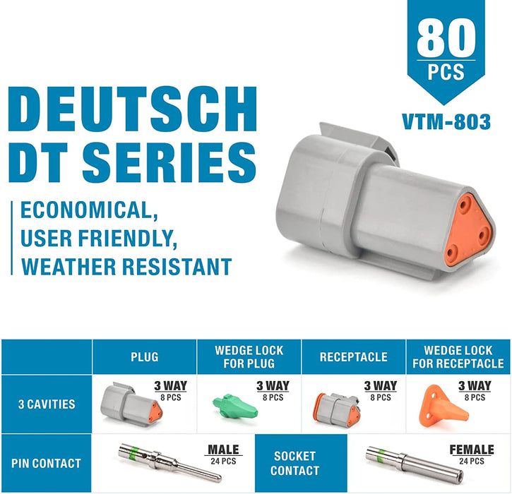 Deutsch DT Connector Kit, Size 16 Solid Contacts 20-16 Gauge, 3 Pin Way Automotive Electrical Connectors, 80 Pieces